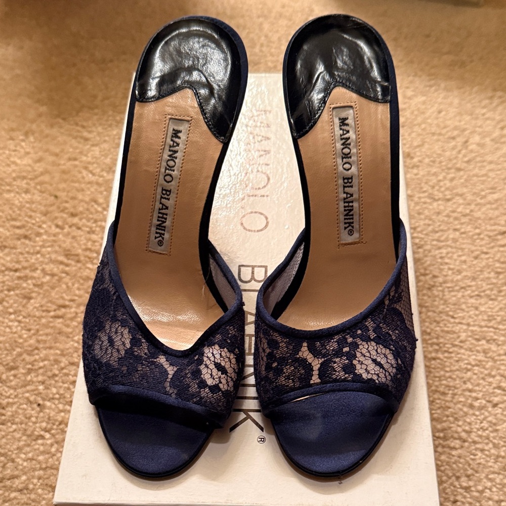 Manolo Blahnik Dark Blue Lace Heels